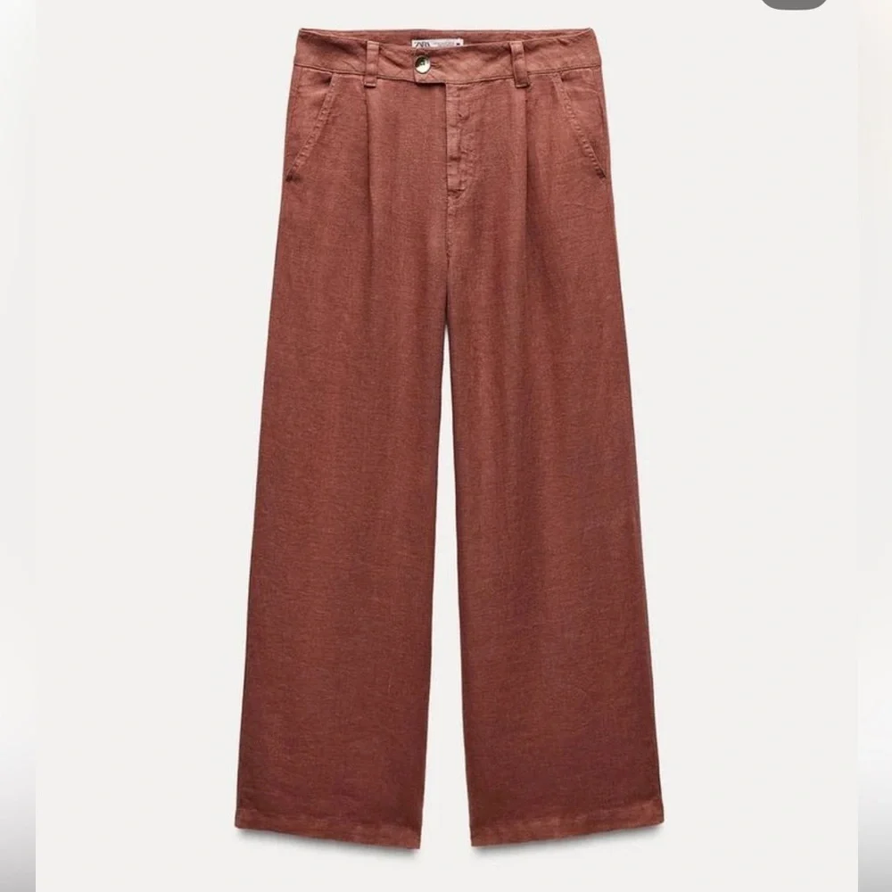 ZARA Terracotta Linen Wide Leg Pleated Pants Rust Brown Boho Trouser Women’s M